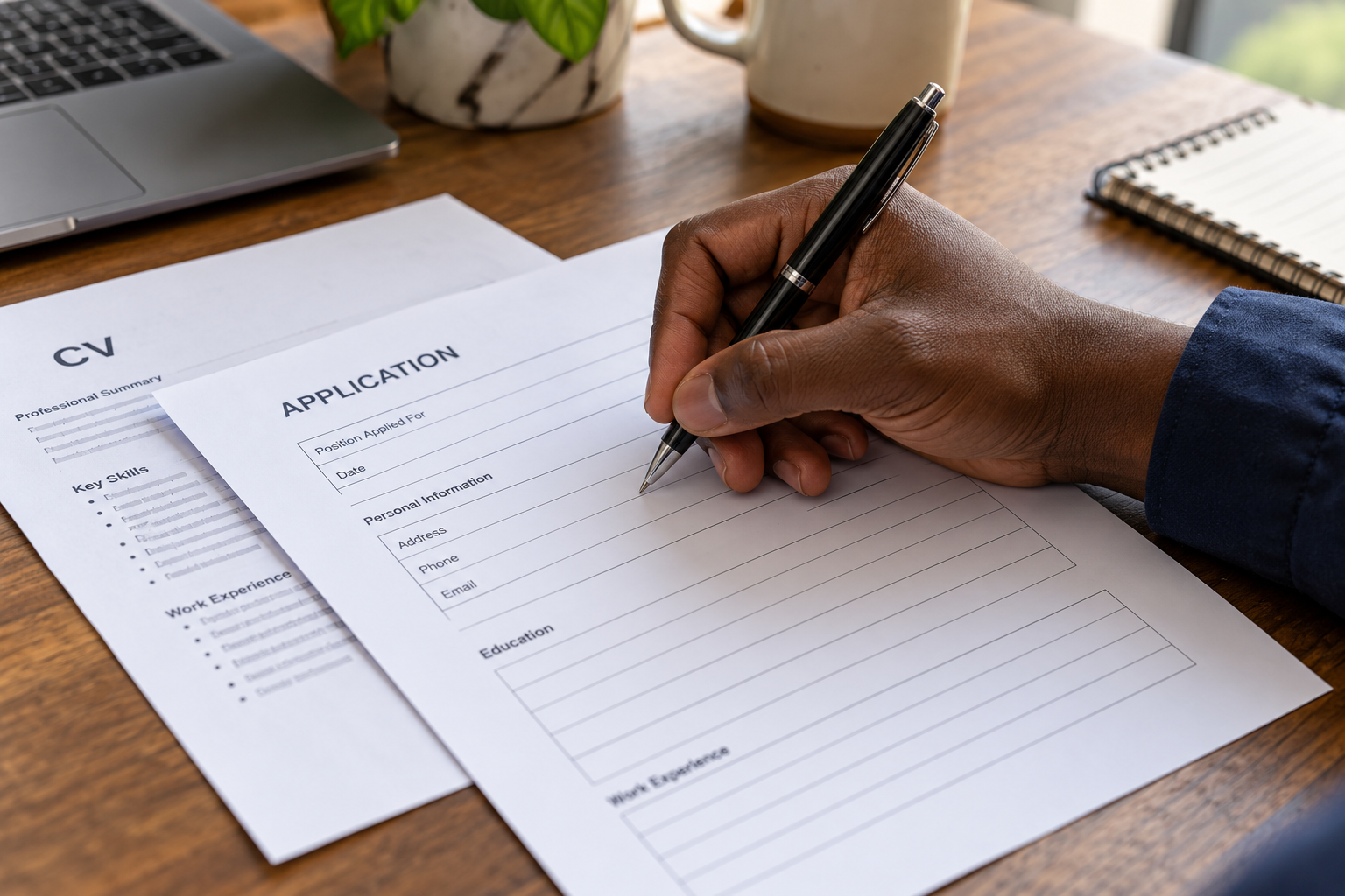 Illustrative scene of a job applicant completing an application form